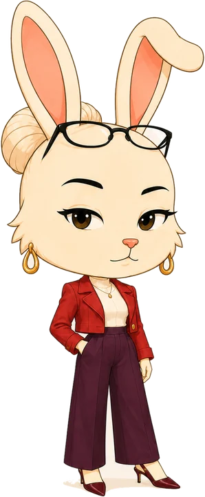 Claudia, a cream hare in a red jacket and glasses, arms folded