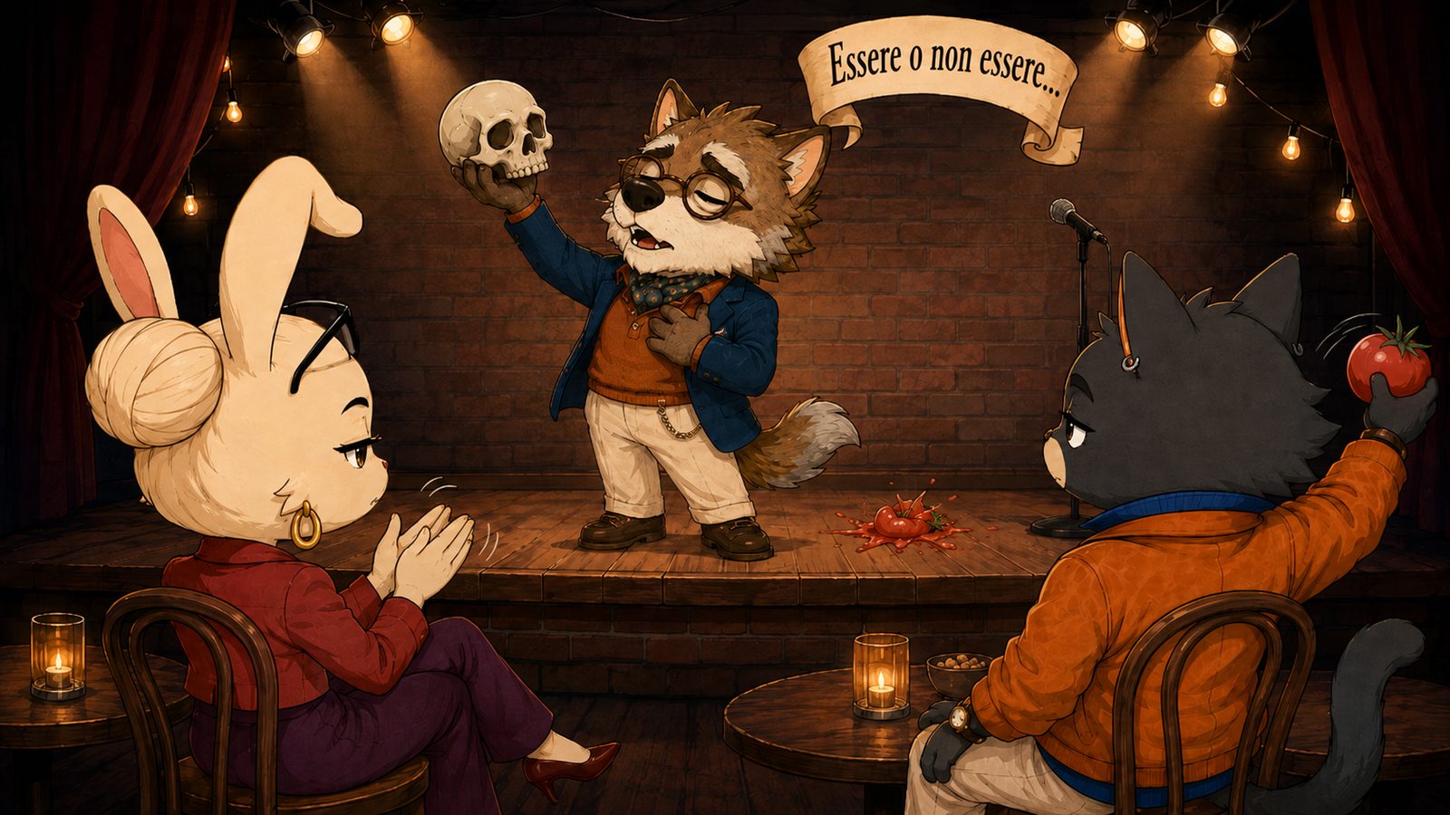 On a small club stage, Arturo the wolf declaims «Essere o non essere» to a skull while Claudia the hare slow-claps from her table and Nico the cat winds up to throw a tomato.